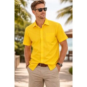 OMEGA Italy Men's Short Sleeve Button Down Shirt Size XL 17-17 1/2 Yellow